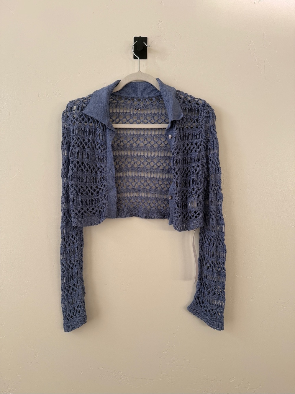Missguided Open-Knit Cropped Button Cardigan - Blue